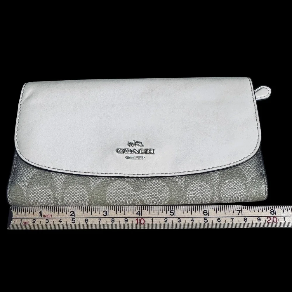 Coach F57319 Signature Canvas White Leather Long Wallet Checkbook Clutch Bifold